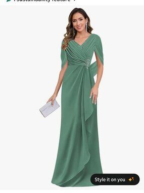 Long Formal Chiffon Dress with lace appliques Eucalyptus Green